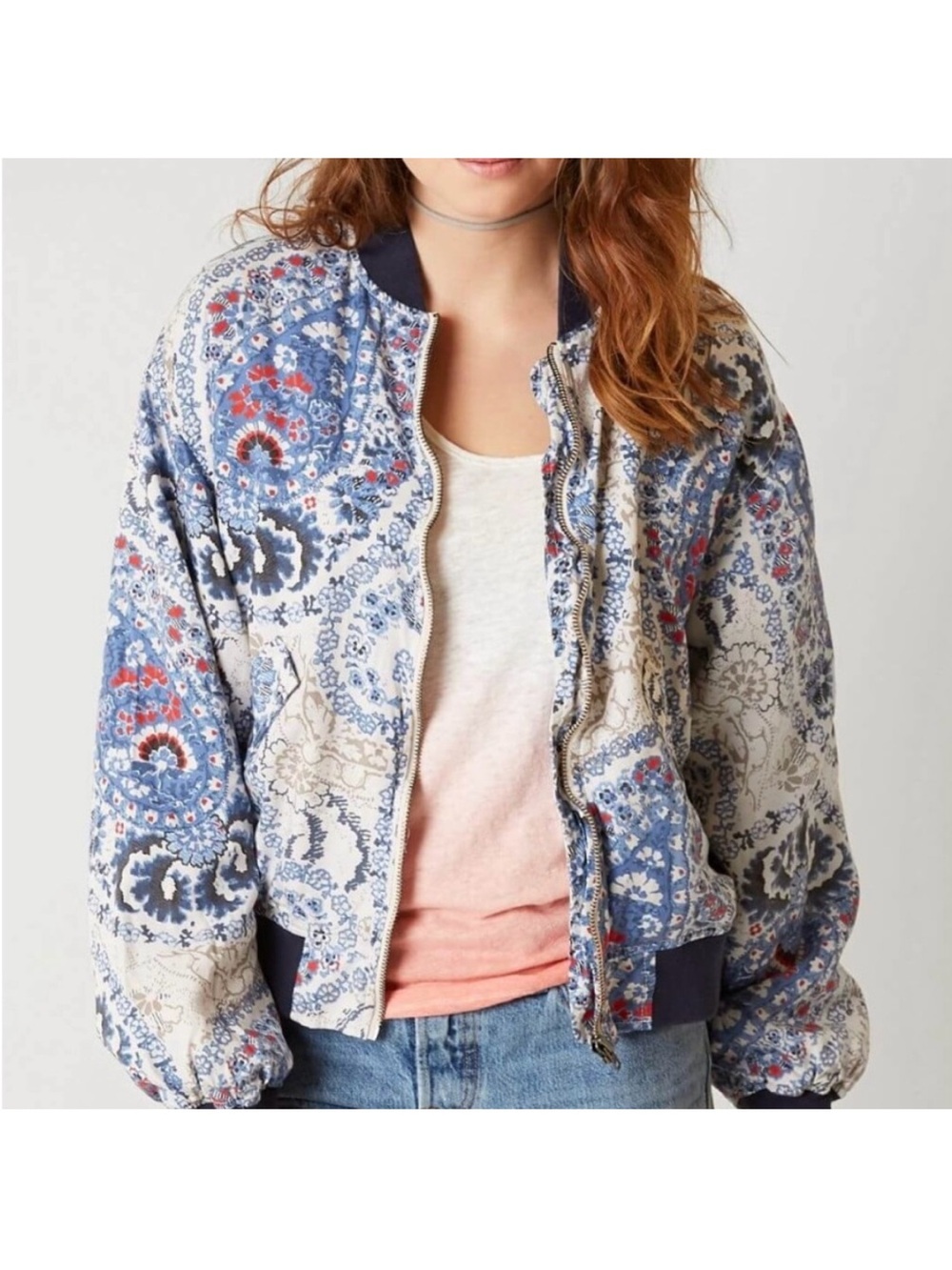 Free People Blue Paisley Tencel/Daytrip Bomber Jacket.